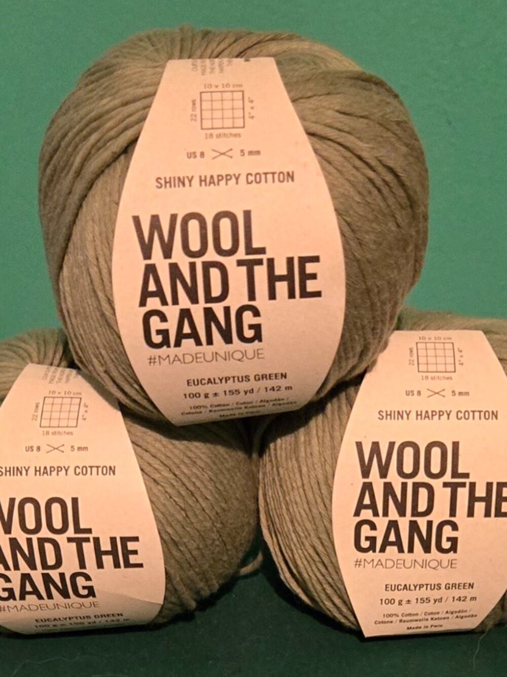 Wool and the Gang - Shiny Happy Cotton Eucalyptus Green Lot of 3